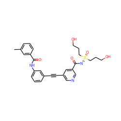 Cc1cccc(C(=O)Nc2cccc(C#Cc3cncc(C(=O)N=S(=O)(CCCO)CCCO)c3)c2)c1 ZINC001772638553