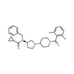 Cc1cccc(C)c1C(=O)N1CCC(N2CC[C@@H](N(Cc3ccccc3)C(=O)C3CC3)C2)CC1 ZINC000040895086