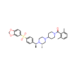 Cc1cccc(C)c1C(=O)N1CCC(N2CCN([C@@H](C)c3ccc(S(=O)(=O)c4ccc5c(c4)OCO5)cc3)[C@@H](C)C2)CC1 ZINC000022449798