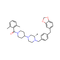 Cc1cccc(C)c1C(=O)N1CCC(N2CCN(Cc3ccc(Cc4ccc5c(c4)OCO5)cc3)[C@@H](C)C2)CC1 ZINC000026258006