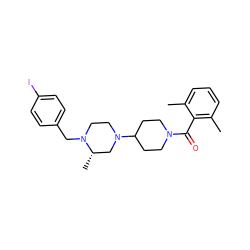 Cc1cccc(C)c1C(=O)N1CCC(N2CCN(Cc3ccc(I)cc3)[C@@H](C)C2)CC1 ZINC000022941887