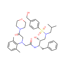 Cc1cccc(C)c1N(CC(=O)N[C@@H](Cc1ccccc1)[C@H](O)CN(CC(C)C)S(=O)(=O)c1ccc(CO)cc1)CC(=O)N1CCOCC1 ZINC000299871453