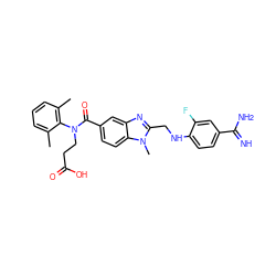 Cc1cccc(C)c1N(CCC(=O)O)C(=O)c1ccc2c(c1)nc(CNc1ccc(C(=N)N)cc1F)n2C ZINC001772580438