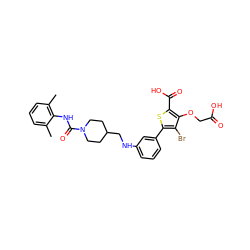 Cc1cccc(C)c1NC(=O)N1CCC(CNc2cccc(-c3sc(C(=O)O)c(OCC(=O)O)c3Br)c2)CC1 ZINC000028711567