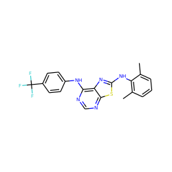 Cc1cccc(C)c1Nc1nc2c(Nc3ccc(C(F)(F)F)cc3)ncnc2s1 ZINC000040395552