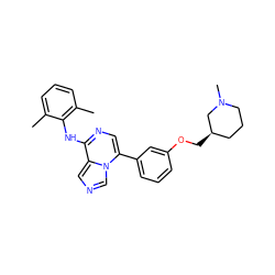 Cc1cccc(C)c1Nc1ncc(-c2cccc(OC[C@@H]3CCCN(C)C3)c2)n2cncc12 ZINC000013981062