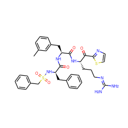 Cc1cccc(C[C@H](NC(=O)[C@@H](Cc2ccccc2)NS(=O)(=O)Cc2ccccc2)C(=O)N[C@@H](CCCN=C(N)N)C(=O)c2nccs2)c1 ZINC000026400743