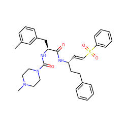 Cc1cccc(C[C@H](NC(=O)N2CCN(C)CC2)C(=O)N[C@H](/C=C/S(=O)(=O)c2ccccc2)CCc2ccccc2)c1 ZINC000096319031