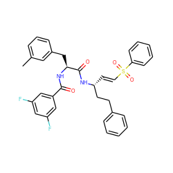 Cc1cccc(C[C@H](NC(=O)c2cc(F)cc(F)c2)C(=O)N[C@H](/C=C/S(=O)(=O)c2ccccc2)CCc2ccccc2)c1 ZINC000029038529