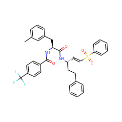 Cc1cccc(C[C@H](NC(=O)c2ccc(C(F)(F)F)cc2)C(=O)N[C@H](/C=C/S(=O)(=O)c2ccccc2)CCc2ccccc2)c1 ZINC000029038535