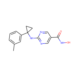 Cc1cccc(C2(Nc3ncc(C(=O)NO)cn3)CC2)c1 ZINC000166643574