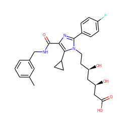 Cc1cccc(CNC(=O)c2nc(-c3ccc(F)cc3)n(CC[C@@H](O)C[C@@H](O)CC(=O)O)c2C2CC2)c1 ZINC000071295473