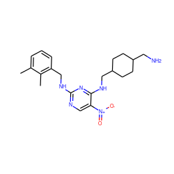 Cc1cccc(CNc2ncc([N+](=O)[O-])c(NCC3CCC(CN)CC3)n2)c1C ZINC000028898569