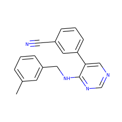 Cc1cccc(CNc2ncncc2-c2cccc(C#N)c2)c1 ZINC000004267471