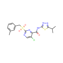 Cc1cccc(CS(=O)(=O)c2ncc(Cl)c(C(=O)Nc3nnc(C(C)C)s3)n2)c1 ZINC000008613903