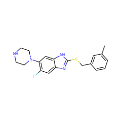 Cc1cccc(CSc2nc3cc(F)c(N4CCNCC4)cc3[nH]2)c1 ZINC000029048429