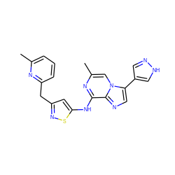 Cc1cccc(Cc2cc(Nc3nc(C)cn4c(-c5cn[nH]c5)cnc34)sn2)n1 ZINC000144074311