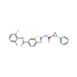 Cc1cccc(Cl)c1NC(=O)c1ccc2nc(NC(=O)[C@H]3C[C@@H]3c3ccccc3)sc2c1 ZINC000013533971