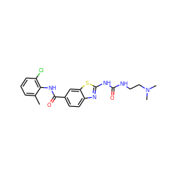 Cc1cccc(Cl)c1NC(=O)c1ccc2nc(NC(=O)NCCN(C)C)sc2c1 ZINC000013534085