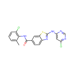 Cc1cccc(Cl)c1NC(=O)c1ccc2nc(Nc3cc(Cl)ncn3)sc2c1 ZINC000013536630