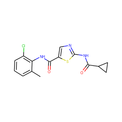 Cc1cccc(Cl)c1NC(=O)c1cnc(NC(=O)C2CC2)s1 ZINC000013587441