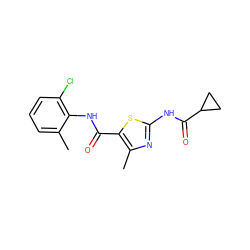 Cc1cccc(Cl)c1NC(=O)c1sc(NC(=O)C2CC2)nc1C ZINC000013587443