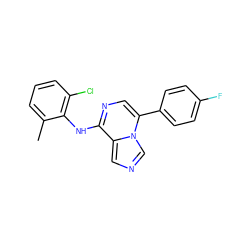 Cc1cccc(Cl)c1Nc1ncc(-c2ccc(F)cc2)n2cncc12 ZINC000028642291