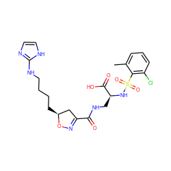 Cc1cccc(Cl)c1S(=O)(=O)N[C@@H](CNC(=O)C1=NO[C@@H](CCCCNc2ncc[nH]2)C1)C(=O)O ZINC000027316327