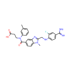 Cc1cccc(N(CCC(=O)O)C(=O)c2ccc3c(c2)nc(CNc2ccc(C(=N)N)cc2F)n3C)c1 ZINC001772613203