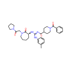 Cc1cccc(N/C(=N\C(=O)C2CCN(C(=O)c3ccccc3)CC2)N[C@H]2CCCCN(CC(=O)N3CCCC3)C2=O)c1 ZINC000042834492