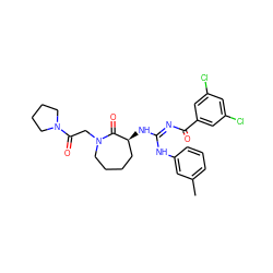 Cc1cccc(N/C(=N\C(=O)c2cc(Cl)cc(Cl)c2)N[C@H]2CCCCN(CC(=O)N3CCCC3)C2=O)c1 ZINC000101201550