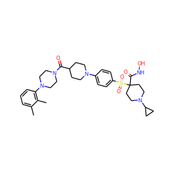 Cc1cccc(N2CCN(C(=O)C3CCN(c4ccc(S(=O)(=O)C5(C(=O)NO)CCN(C6CC6)CC5)cc4)CC3)CC2)c1C ZINC000049777015