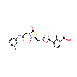 Cc1cccc(NC(=O)CN2C(=O)S/C(=C\c3ccc(-c4cccc(C(=O)O)c4C)o3)C2=O)c1 ZINC000002986285