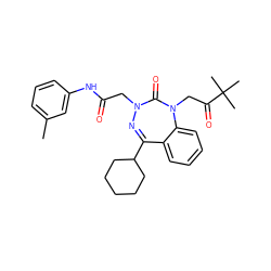 Cc1cccc(NC(=O)CN2N=C(C3CCCCC3)c3ccccc3N(CC(=O)C(C)(C)C)C2=O)c1 ZINC000013685074