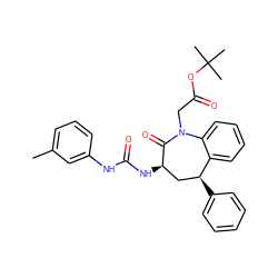 Cc1cccc(NC(=O)N[C@@H]2C[C@H](c3ccccc3)c3ccccc3N(CC(=O)OC(C)(C)C)C2=O)c1 ZINC000013739673