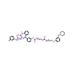 Cc1cccc(NC(=O)N[C@@H]2N=C(c3cccc(OC(=O)NCCCC(=O)NCCCOc4cccc(CN5CCCCC5)c4)c3)c3ccccc3N(C)C2=O)c1 ZINC000095608775