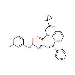 Cc1cccc(NC(=O)N[C@@H]2N=C(c3ccccc3)c3ccccc3N(CC(=O)C3(C)CC3)C2=O)c1 ZINC000027619066