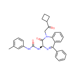 Cc1cccc(NC(=O)N[C@@H]2N=C(c3ccccc3)c3ccccc3N(CC(=O)C3CCC3)C2=O)c1 ZINC000027618844