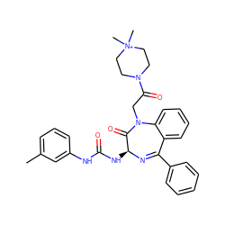 Cc1cccc(NC(=O)N[C@@H]2N=C(c3ccccc3)c3ccccc3N(CC(=O)N3CC[N+](C)(C)CC3)C2=O)c1 ZINC000027432964