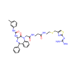 Cc1cccc(NC(=O)N[C@@H]2N=C(c3ccccc3)c3ccccc3N(CC(=O)NCCC(=O)NCCSCc3csc(N=C(N)N)n3)C2=O)c1 ZINC000029218981