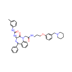 Cc1cccc(NC(=O)N[C@@H]2N=C(c3ccccc3)c3ccccc3N(CC(=O)NCCCOc3cccc(CN4CCCCC4)c3)C2=O)c1 ZINC000029213486