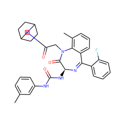 Cc1cccc(NC(=O)N[C@@H]2N=C(c3ccccc3F)c3cccc(C)c3N(CC(=O)N3CC4CCC(CC4)C3)C2=O)c1 ZINC000029470171