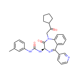 Cc1cccc(NC(=O)N[C@@H]2N=C(c3cccnc3)c3ccccc3N(CC(=O)C3CCCC3)C2=O)c1 ZINC000027650768