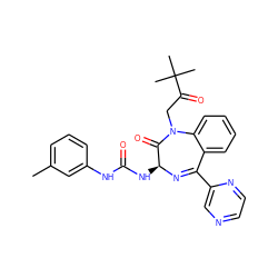 Cc1cccc(NC(=O)N[C@@H]2N=C(c3cnccn3)c3ccccc3N(CC(=O)C(C)(C)C)C2=O)c1 ZINC000000592302