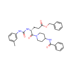 Cc1cccc(NC(=O)N[C@H](CCC(=O)OCc2ccccc2)C(=O)N2CCC(NC(=O)c3ccccc3)CC2)c1 ZINC000026835209