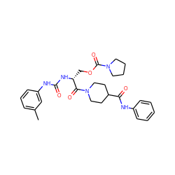 Cc1cccc(NC(=O)N[C@H](COC(=O)N2CCCC2)C(=O)N2CCC(C(=O)Nc3ccccc3)CC2)c1 ZINC000003824287