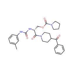 Cc1cccc(NC(=O)N[C@H](COC(=O)N2CCCC2)C(=O)N2CCC(C(=O)c3ccccc3)CC2)c1 ZINC000003824288