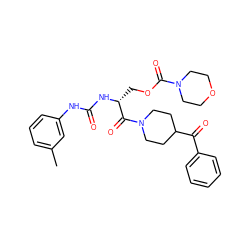 Cc1cccc(NC(=O)N[C@H](COC(=O)N2CCOCC2)C(=O)N2CCC(C(=O)c3ccccc3)CC2)c1 ZINC000026831955