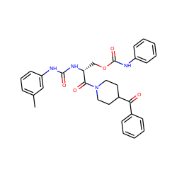 Cc1cccc(NC(=O)N[C@H](COC(=O)Nc2ccccc2)C(=O)N2CCC(C(=O)c3ccccc3)CC2)c1 ZINC000026820304