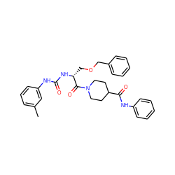 Cc1cccc(NC(=O)N[C@H](COCc2ccccc2)C(=O)N2CCC(C(=O)Nc3ccccc3)CC2)c1 ZINC000026834741